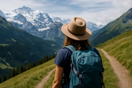 Female hiker with hat and backpack looking at the Swiss Alps from a mountain trail.