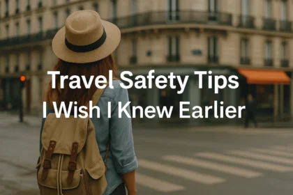 Traveler with backpack and straw hat on a European street, blog featured image with safety tips title.