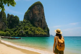 Woman with hat and backpack looking at limestone cliffs and turquoise sea in Southern Thailand.