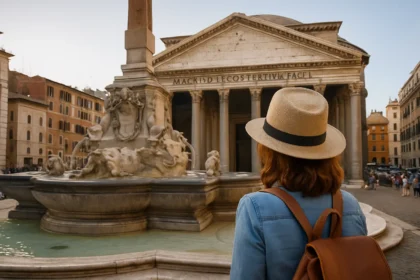 Woman with hat and backpack looking at the Pantheon from Piazza della Rotonda in Rome.