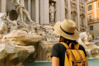 Woman with hat and backpack looking at the Trevi Fountain in Rome.