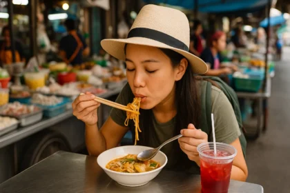 Woman eating noodles with chopsticks at a street food stall in Bangkok.