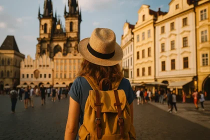 Woman with hat and backpack looking at Prague’s Old Town Square at sunset.