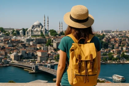 Woman with hat and backpack looking at the Suleymaniye Mosque and Istanbul skyline.