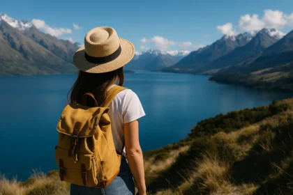 Woman with hat and backpack looking at Lake Wakatipu and mountains in New Zealand’s South Island.