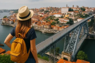 Woman with backpack looking at Porto skyline and Dom Luís I Bridge.