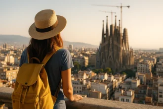 Woman with hat and backpack looking at Sagrada Família and Barcelona skyline.