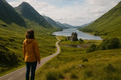 Woman in yellow jacket looking at a castle by a loch in the Scottish Highlands.