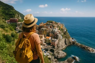 Woman with hat and backpack looking at Manarola village and the Mediterranean Sea in Cinque Terre.