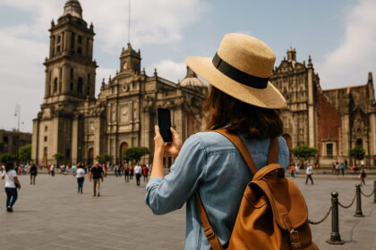 Woman with hat and backpack photographing the Metropolitan Cathedral at Zócalo in Mexico City.