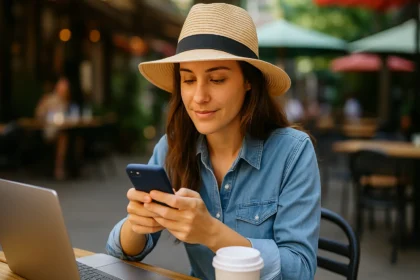 Woman in a straw hat using a smartphone at an outdoor café with a laptop and coffee.
