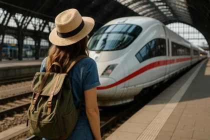 Traveler with hat and backpack standing on a train platform in front of a high-speed train in Europe.