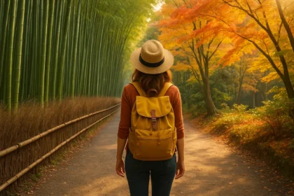 Woman with hat and backpack walking through Arashiyama Bamboo Grove in autumn.
