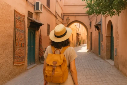 Woman with hat and backpack walking through a sunlit alley in Marrakech’s Medina.
