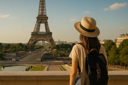 Traveler with hat and backpack looking at the Eiffel Tower from Trocadéro, Paris.