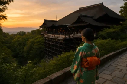 Woman in kimono looking at Kiyomizu-dera temple in Kyoto at sunset.