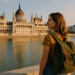 Woman with backpack standing by the Danube River facing the Hungarian Parliament Building at sunset.