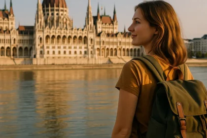 Woman with backpack standing by the Danube River facing the Hungarian Parliament Building at sunset.