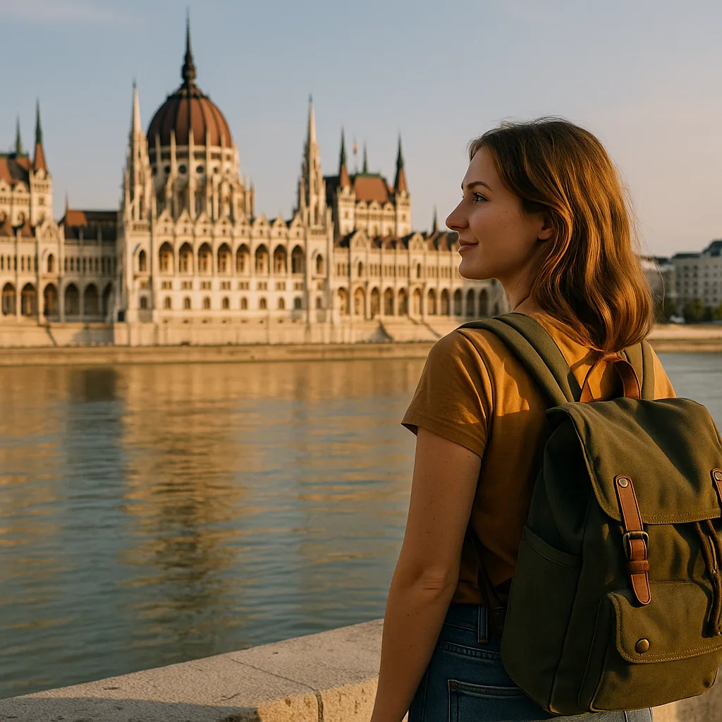 Woman with backpack standing by the Danube River facing the Hungarian Parliament Building at sunset.