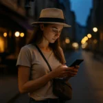 Woman with hat and crossbody bag checking her phone on a well-lit street at dusk.