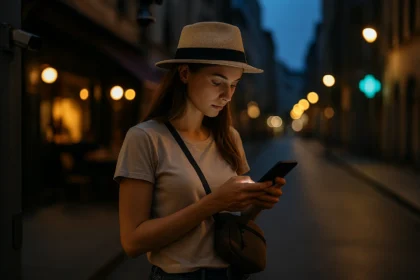 Woman with hat and crossbody bag checking her phone on a well-lit street at dusk.