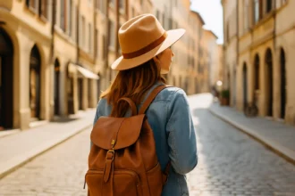 Woman with tan hat and brown backpack walking down a sunlit cobblestone street.