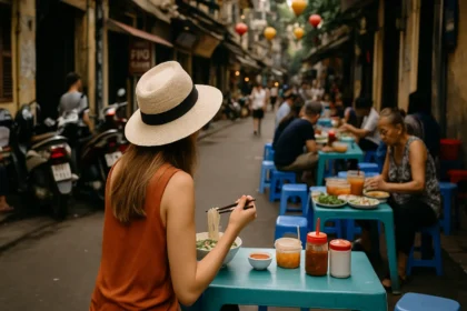 Woman eating noodles at a street food stall in Hanoi’s Old Quarter.