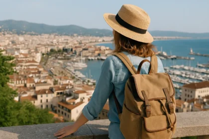Woman with hat and backpack looking at a coastal city and harbor from above.