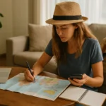 Woman with hat using a laptop and map while planning her trip at a wooden table.