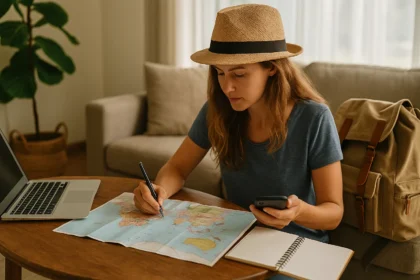 Woman with hat using a laptop and map while planning her trip at a wooden table.