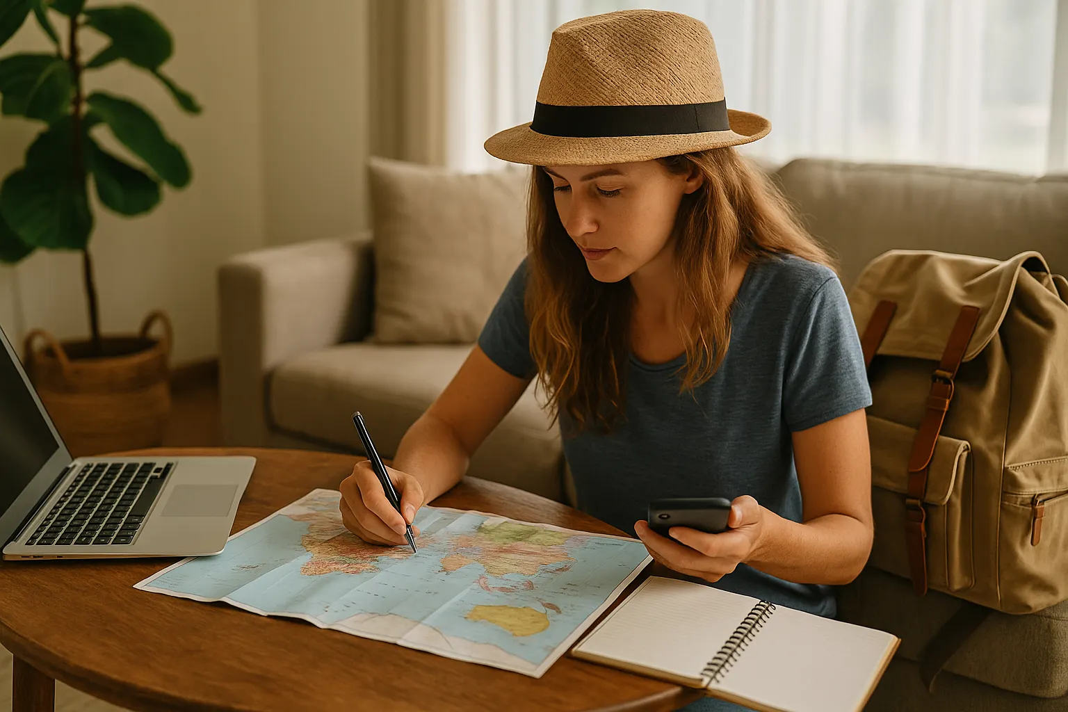 Woman with hat using a laptop and map while planning her trip at a wooden table.