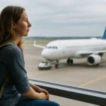 Woman with backpack sitting by an airport window looking at a plane on the runway.
