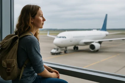 Woman with backpack sitting by an airport window looking at a plane on the runway.