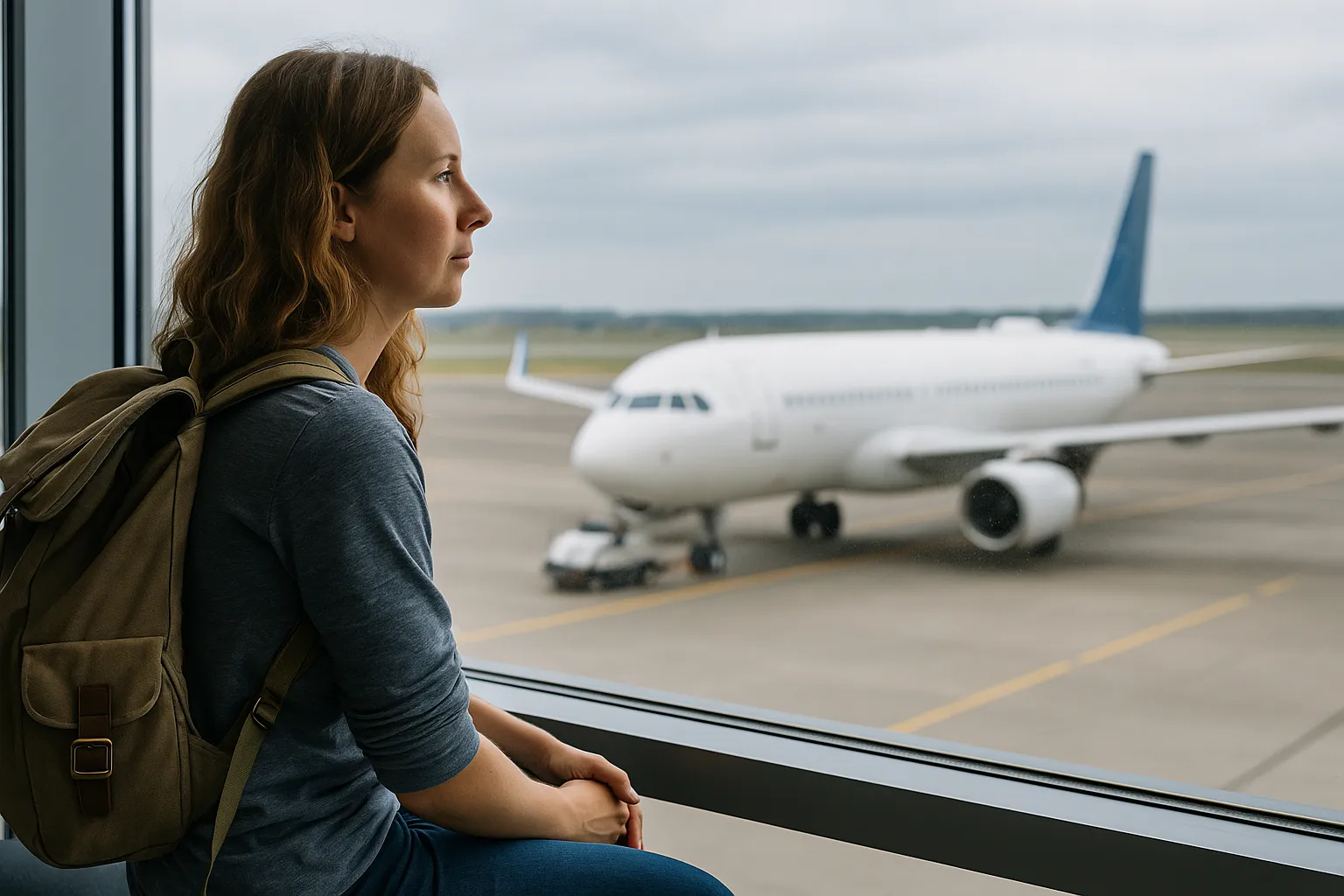 Woman with backpack sitting by an airport window looking at a plane on the runway.