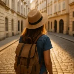 Woman with tan hat and brown backpack walking through Vienna’s old town at sunset.