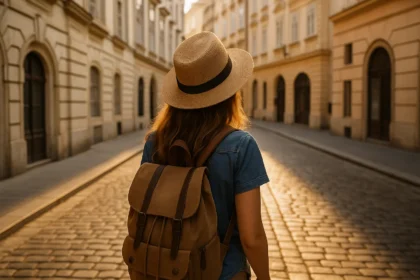 Woman with tan hat and brown backpack walking through Vienna’s old town at sunset.