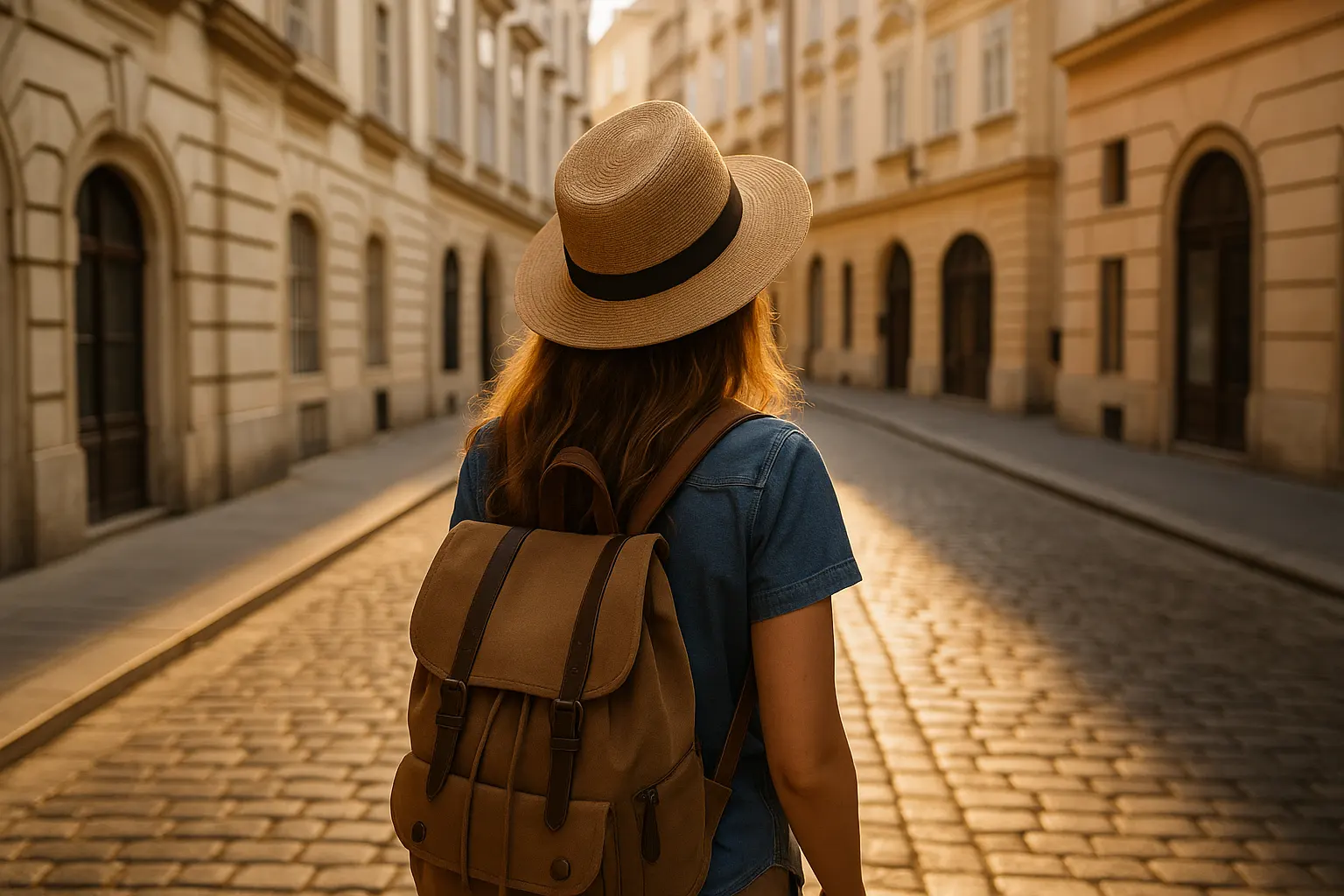 Woman with tan hat and brown backpack walking through Vienna’s old town at sunset.