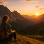 Woman with backpack watching the sunset over the Dolomite Mountains from a grassy hillside.