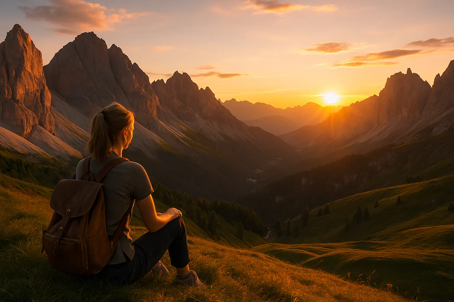 Woman with backpack watching the sunset over the Dolomite Mountains from a grassy hillside.